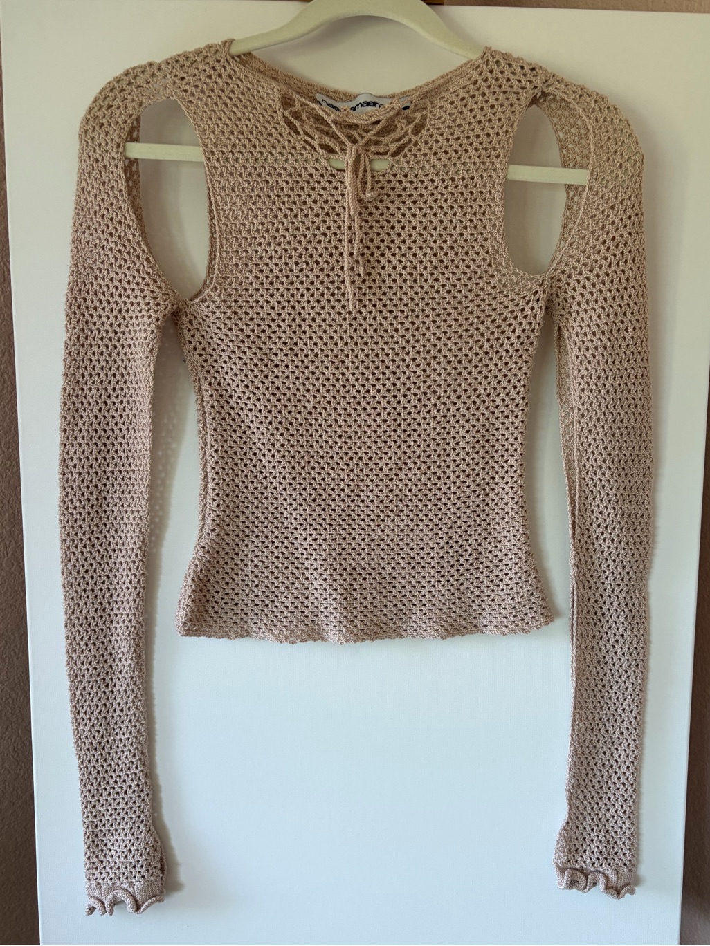 Nastyamasha Crochet Knit Flower Collar Sweater Top Blush Rose Beige Small Cutout